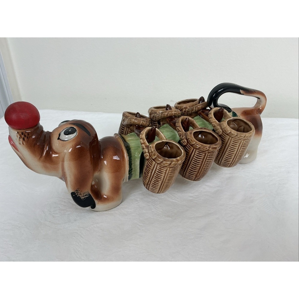 Ceramic Dachshund Dog Decanter And 6 Shot Glasses MCM Japan 11-12" Long
